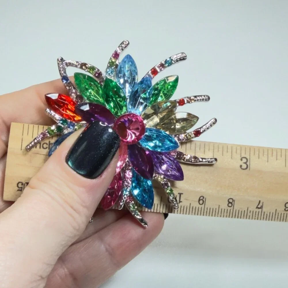 Flower Brooch Multicolor Rhinestone Statement Pin Large Crystal Floral 2.75”